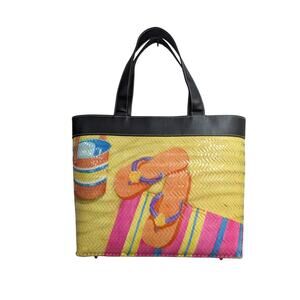 Bright & Summery Sun & Sand wicker and cloth tote bag w/painted beach scene NWOT